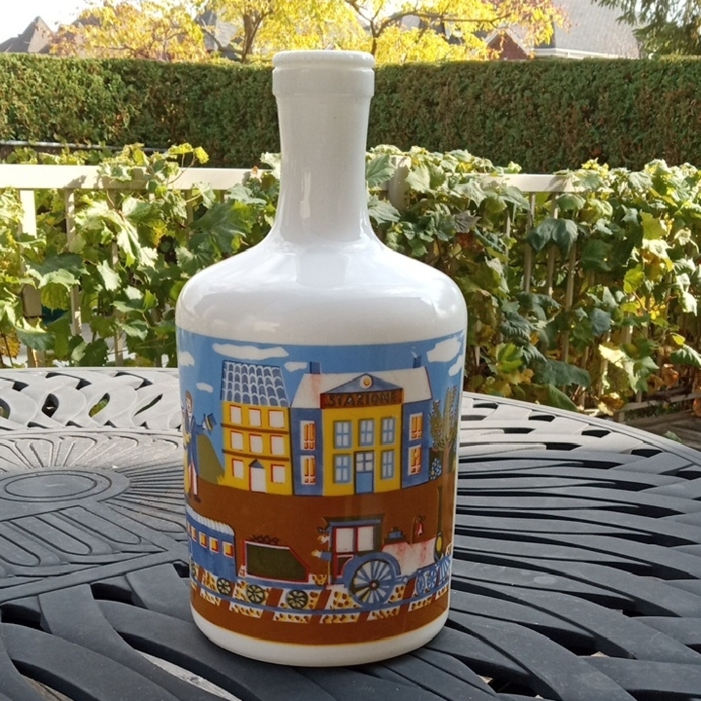 Colorful Ceramic Bottle with Village Scene